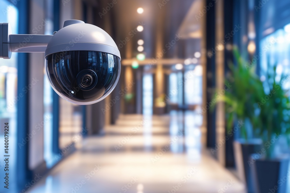 A modern dome surveillance camera installed in a corporate office with a blurred corridor in the background and negative space for text.