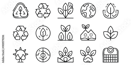 This set features a collection of simple, clean line art icons, perfect for representing sustainability, eco-friendly practices, and environmental awareness