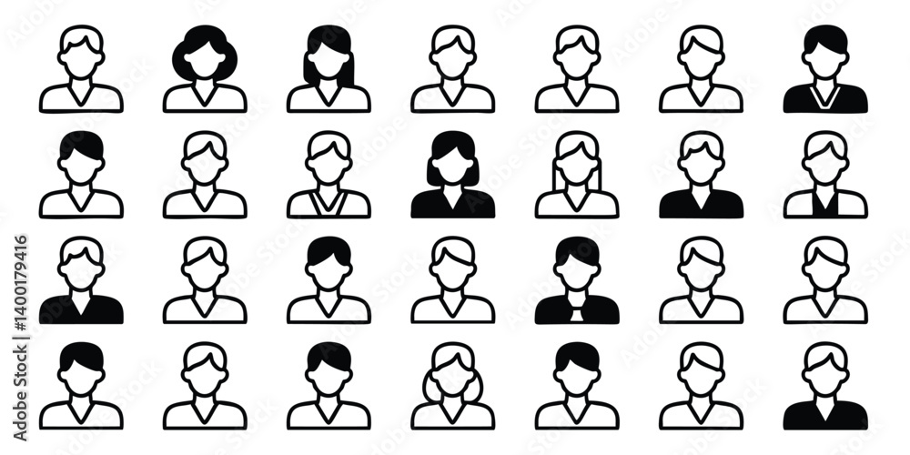 Fototapeta premium A grid of simple, black and white user profile icons