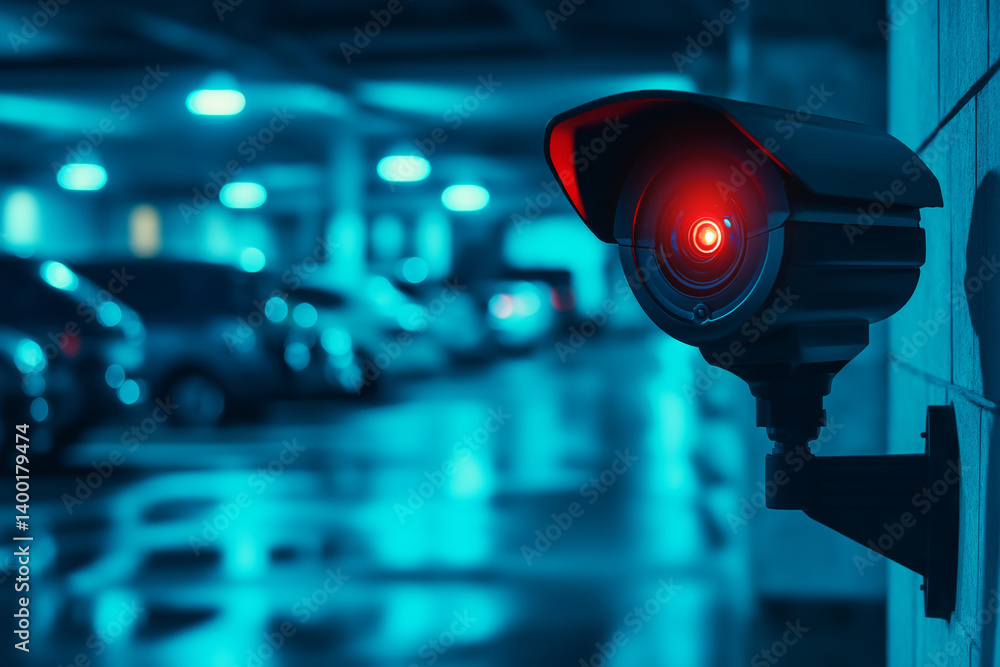 Surveillance camera in underground parking lot with slightly blurred blue background and space for text. Surveillance camera in garage with cars. Concept of surveillance and security for advertising.