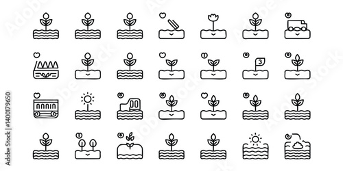 This set of black and white line art icons depicts various stages of plant growth, from planting to maturity