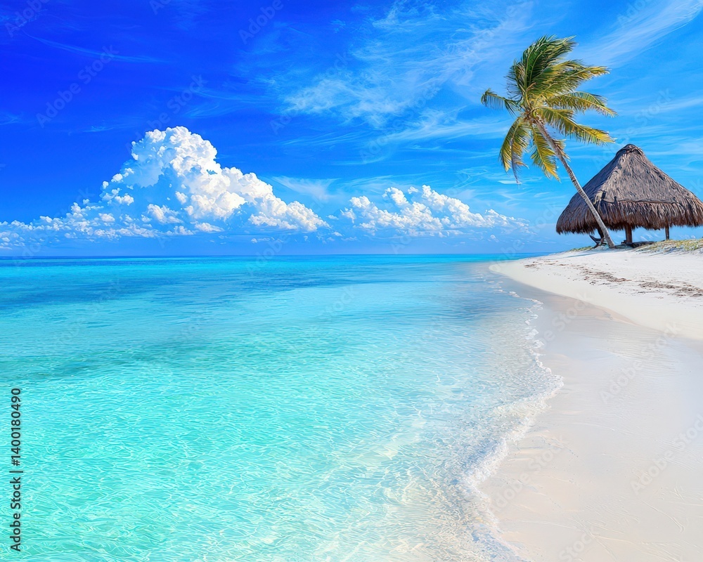 Tropical Beach with Palm Huts and Clear Blue Sky in Oil Painting Style Tropical Beach with Palm Huts and Clear Blue Sky in Oil Painting Style