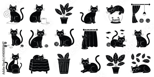 A collection of charming black cat silhouettes engaged in various domestic activities