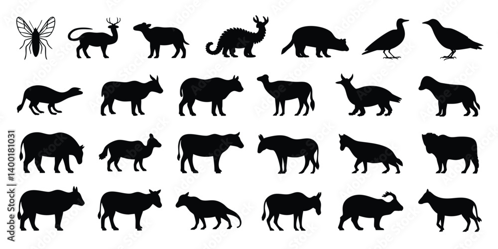 Fototapeta premium A collection of black silhouette profiles of diverse animal species, including mammals, birds, and an insect