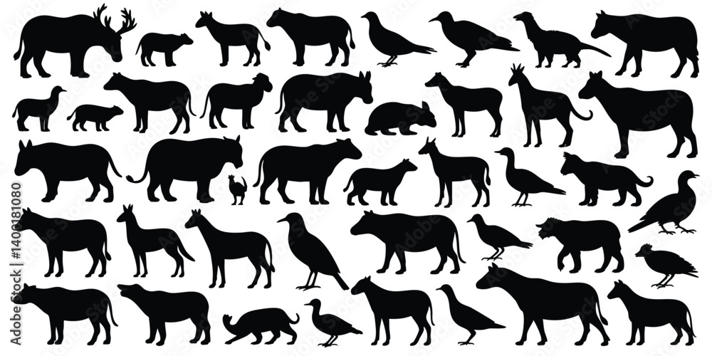 Fototapeta premium This image features a variety of animal silhouettes, including mammals, birds, and possibly reptiles
