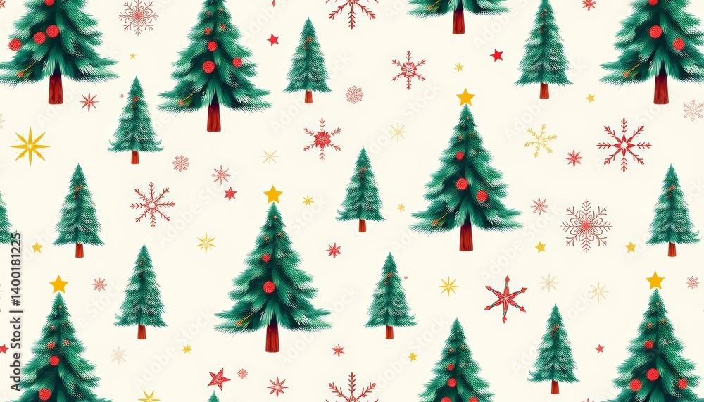 Fototapeta premium Seamless festive pattern featuring Christmas trees, snowflakes, and stars on a light background, star pattern, festive