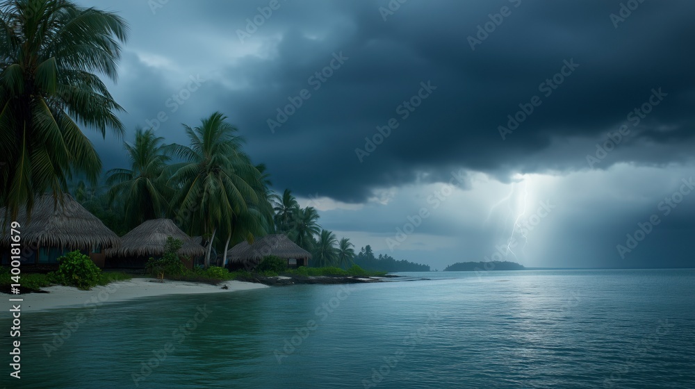 A beach with palm trees and a cloudy sky