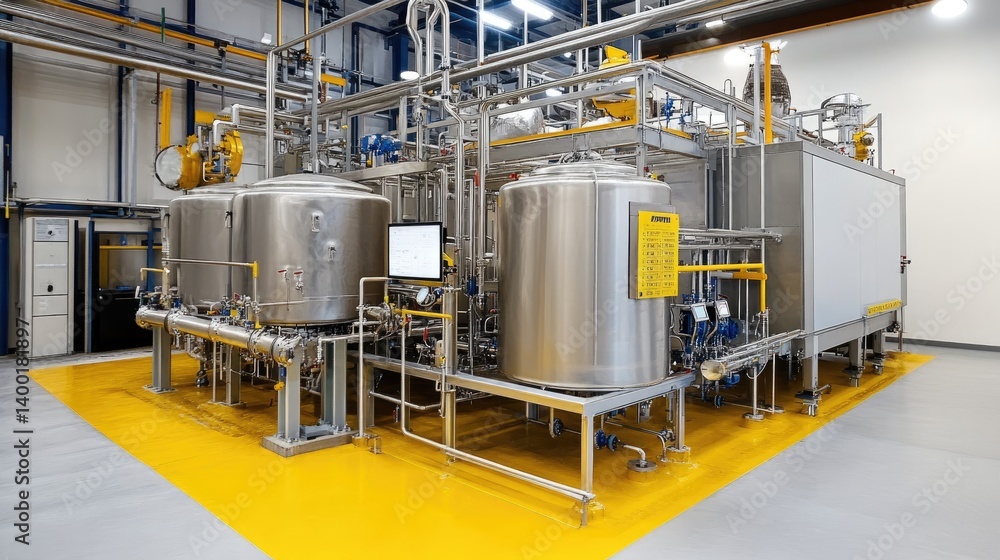 Industrial oil machinery with large tanks and pipes in an oil production plant Industrial oil machinery with large tanks and pipes in an oil production plant