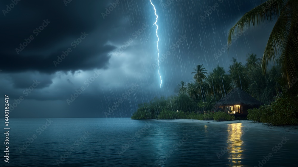 A lightning bolt is seen in the sky above a beach