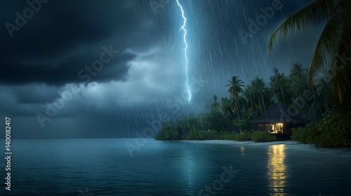 Obraz na płótnie A lightning bolt is seen in the sky above a beach w salonie
