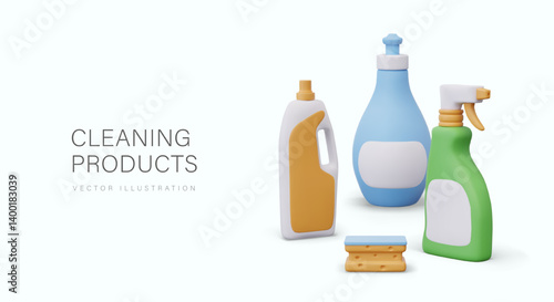 Cleaning products. Vector group of elements in realistic cartoon style. Plastic bottles of various types for liquid detergents, sponge. Color mockups, blank labels for advertising