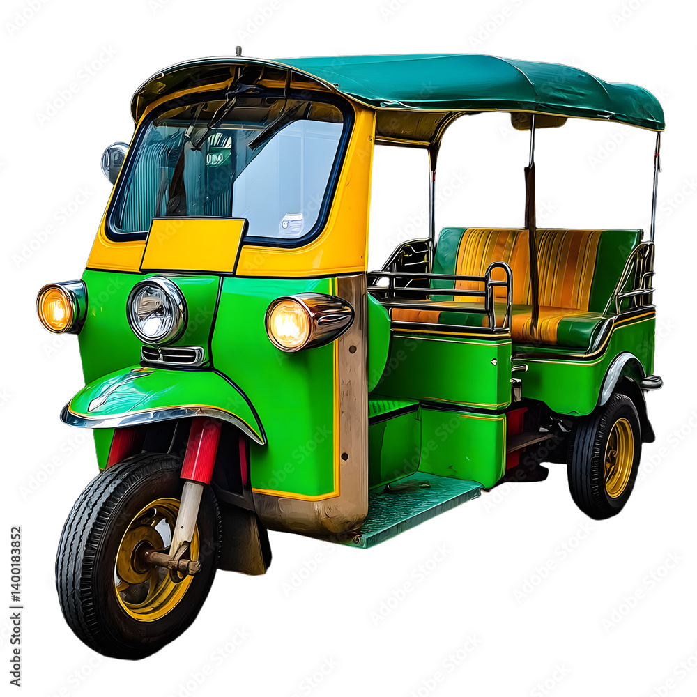 Obraz premium Green and Yellow Tuk Tuk: A vibrant green and yellow Tuk Tuk, a popular mode of transportation in Southeast Asia, stands ready to take passengers on a scenic adventure.