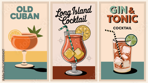 Set of cocktail posters in retro Mid century modern style. Old Cuban, Long Island, Gin and Tonic popular alcohol drinks with recipe. Colorful vector art illustrations