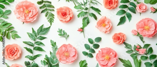 Wallpaper Mural Colorful flowers and green leaves arranged artistically on a white surface. Torontodigital.ca