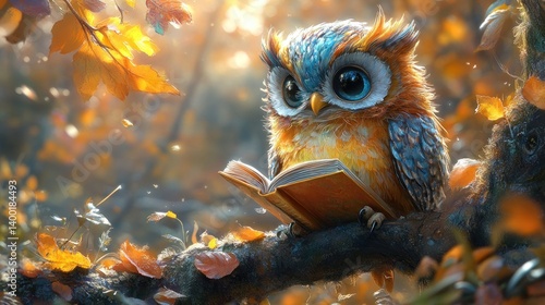 Adorable Owl Reading in Autumn Woods