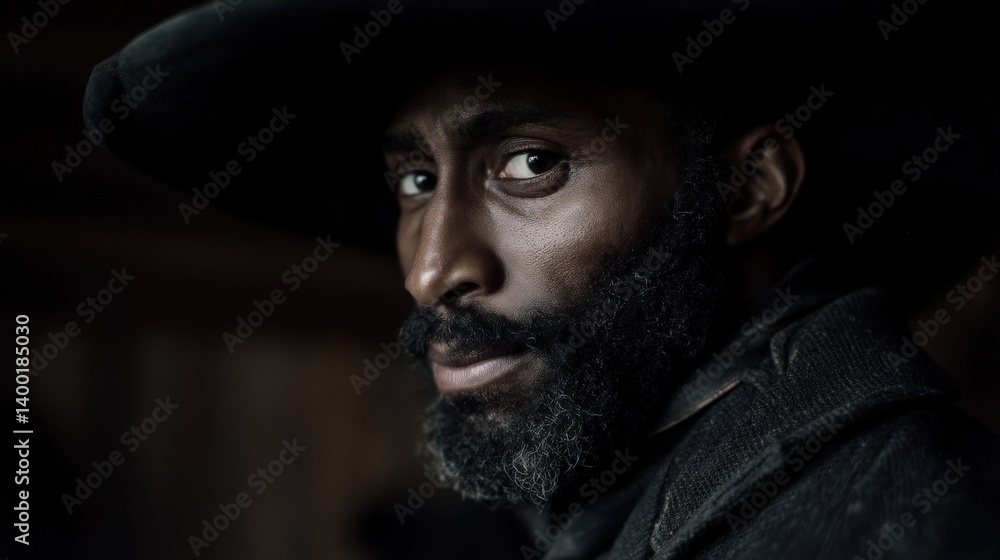A Dramatic Close Up Portrait of a Bearded Black Man Wearing a Wide Brimmed Hat A Dramatic Close Up Portrait of a Bearded Black Man Wearing a Wide Brimmed Hat