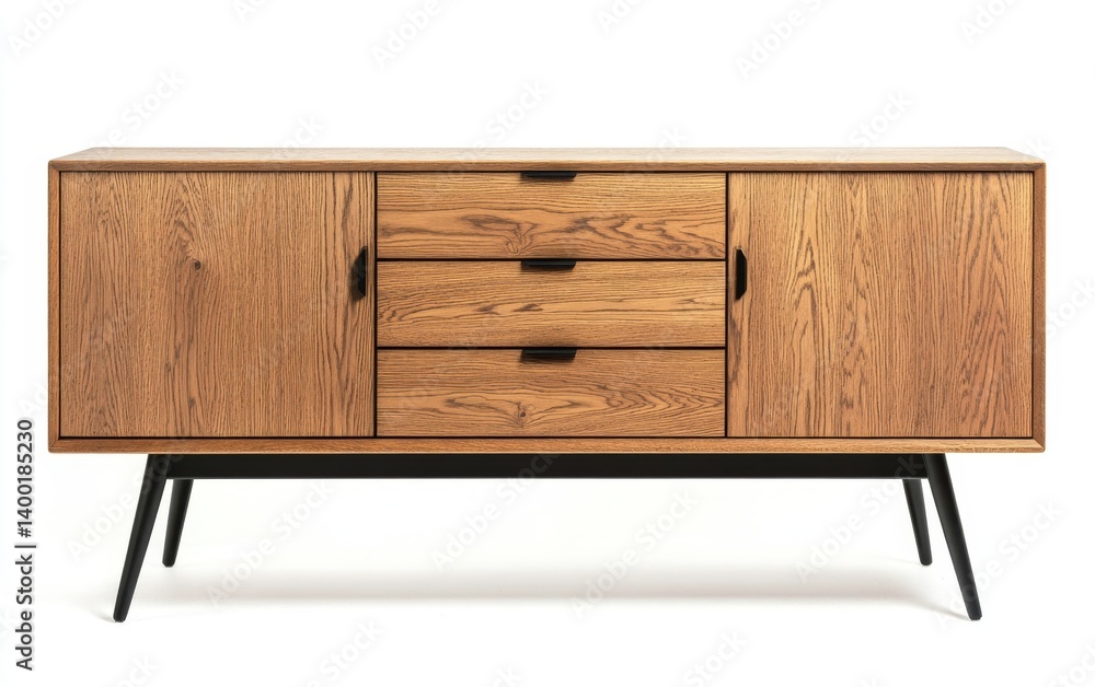 Wooden sideboard with three drawers and two doors. Modern design with mid-century legs Wooden sideboard with three drawers and two doors. Modern design with mid-century legs