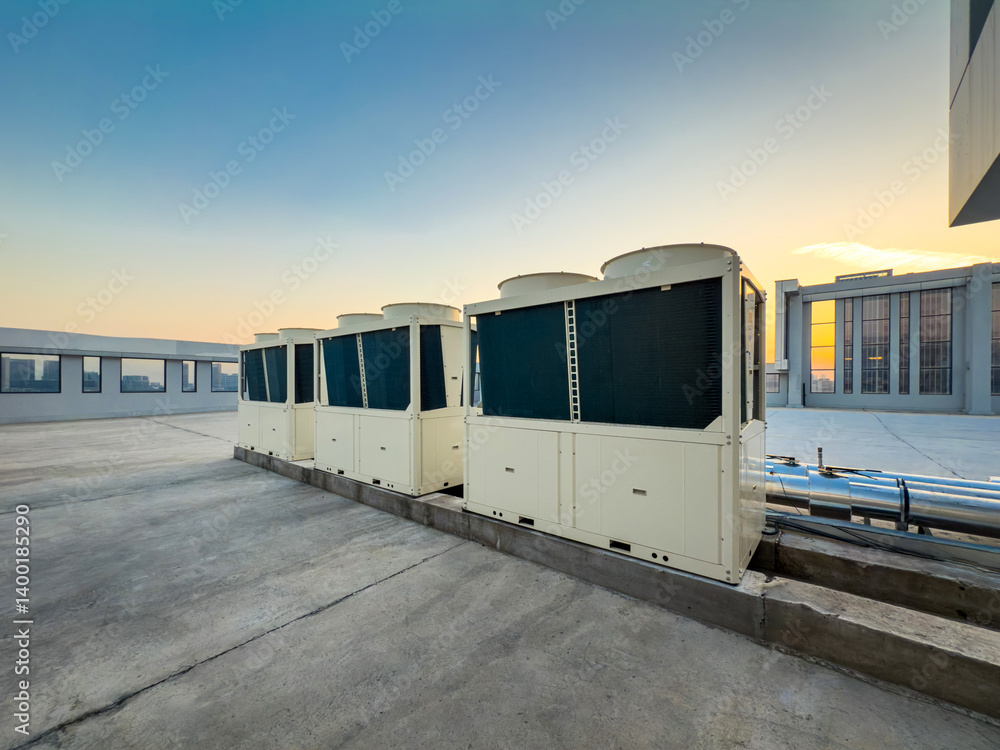 Modern Rooftop Air Conditioning Units at Sunset