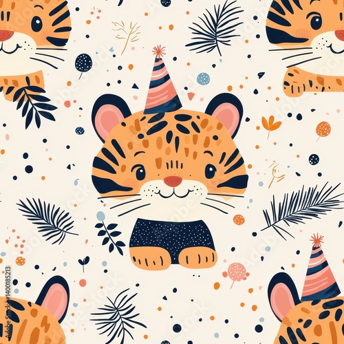 Animal print pattern tiger bold seamless concept. A whimsical pattern featuring playful tigers with party hats against a light background, surrounded by colorful foliage and playful dots.