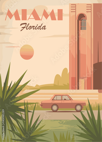 Miami, Florida, USA travel destination poster in retro style. Vintage landscape vector art illustration