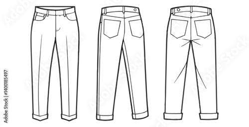Hand-drawn vector illustrations depict stylish men and a woman in casual and business apparel, including jeans, shirt, dress, and suit sketches.