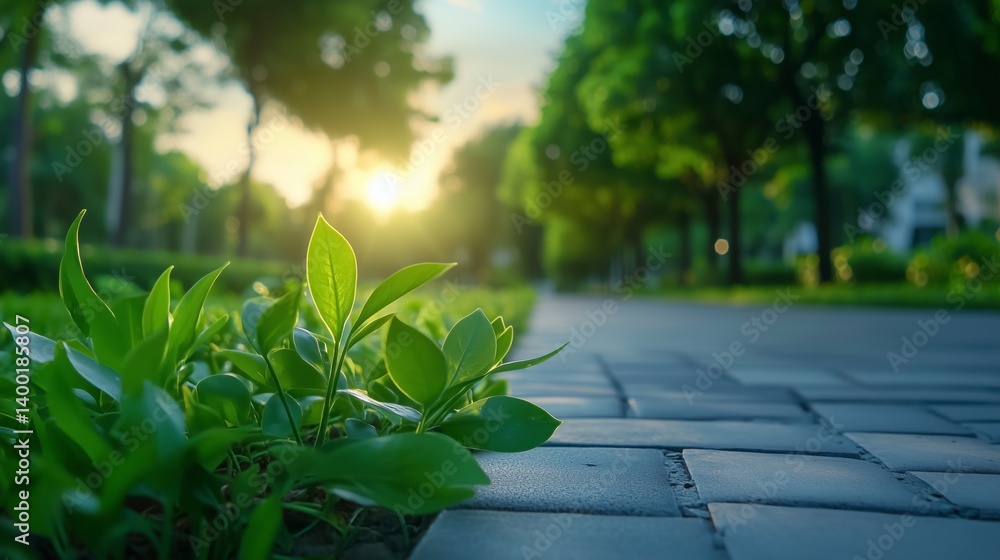 A green leafy plant is growing on a brick walkway