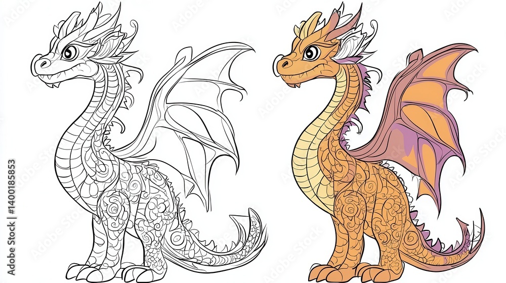 A vibrant and colorful illustration of two dragons, each adorned with intricate patterns and designs. A vibrant and colorful illustration of two dragons, each adorned with intricate patterns and designs.