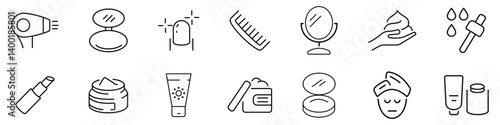 Beauty and Spa set of web icons in line style. Collection of cosmetic icons set. Skin care line icons set. Moisture cream, ceramide, retinol compound, sunscreen vector illustration.