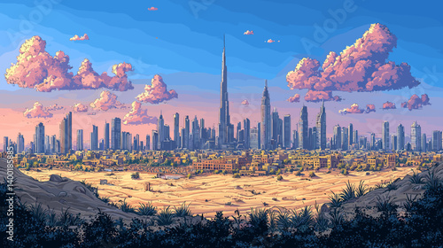 Futuristic desert city skyline at sunset with towering skyscrapers rising from the sand, under a colorful sky with pink clouds and a warm, surreal atmosphere