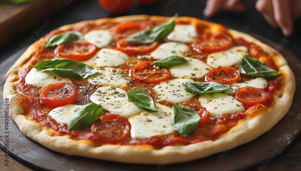 A person prepares a pizza with fresh tomatoes and cheese in a pan. A person prepares a pizza with fresh tomatoes and cheese in a pan.
