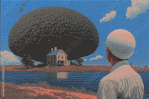 Surreal landscape featuring a house under an oversized cloud, inspired by retro art styles