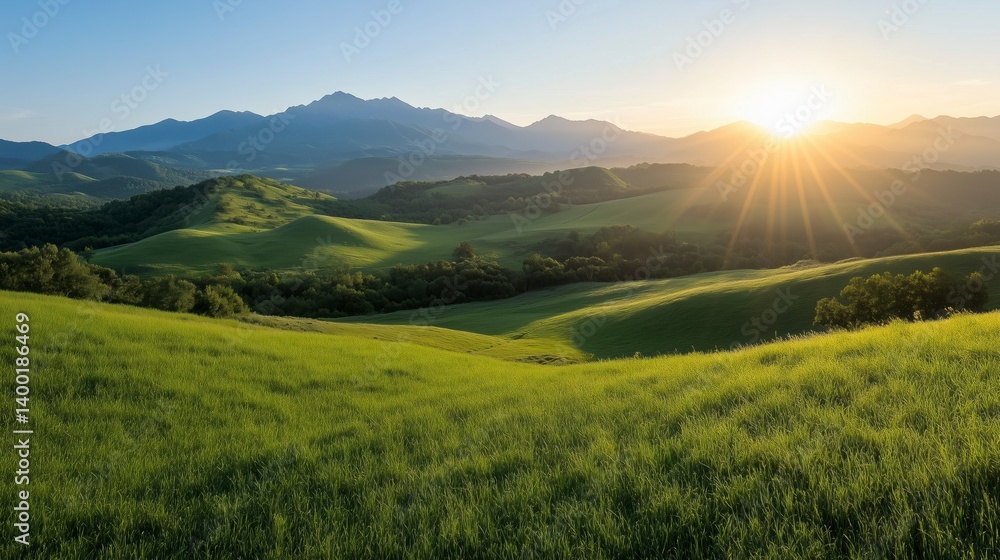 A large field of grass with a sun shining on it