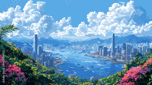 Breathtaking view of a tropical coastal city with modern skyscrapers, vibrant flowers, lush hills, and a busy bay under a bright blue sky filled with dramatic clouds