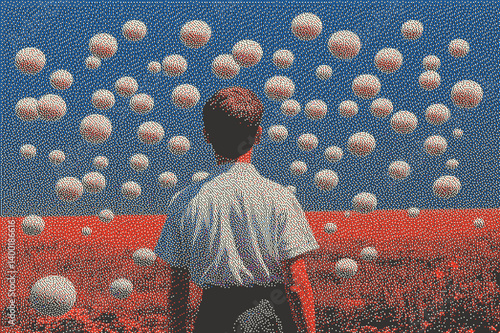 Surreal scene of a child gazing at floating orbs in a vibrant landscape