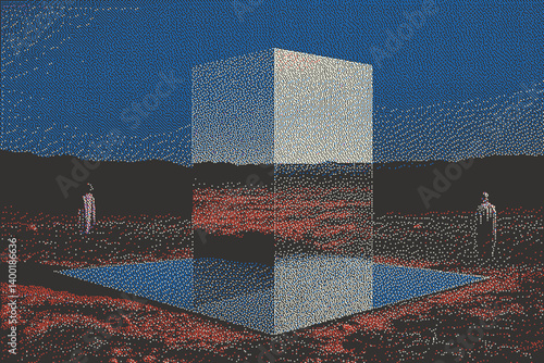 Surreal landscape with reflective cube and abstract figures in a desolate environment