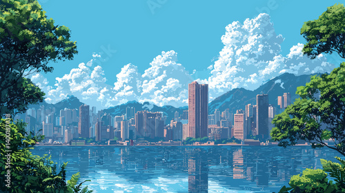 Beautiful waterfront cityscape with modern skyscrapers, mountain backdrop, and calm water reflecting a bright blue sky filled with fluffy summer clouds and lush greenery