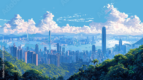 Expansive view of a modern coastal city surrounded by lush green hills and a calm bay, with tall skyscrapers under a clear blue sky and scattered summer clouds