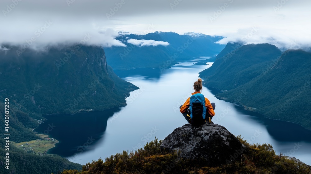 A woman is sitting on a rock overlooking a lake