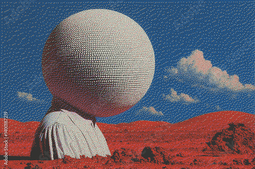 Surreal landscape featuring an oversized spherical head against a vivid sky