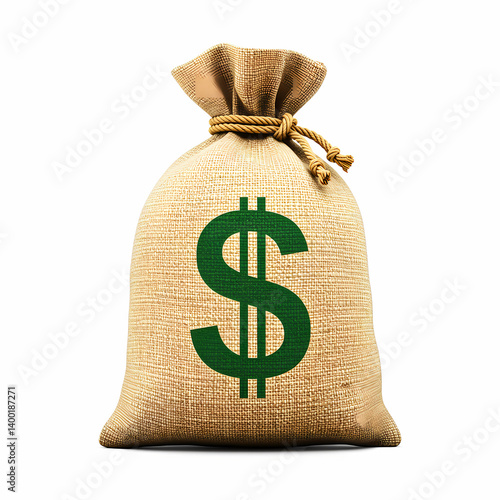 3D Burlap Money Bag with Large Dollar Sign – Financial Wealth Icon in Realistic Rendering
