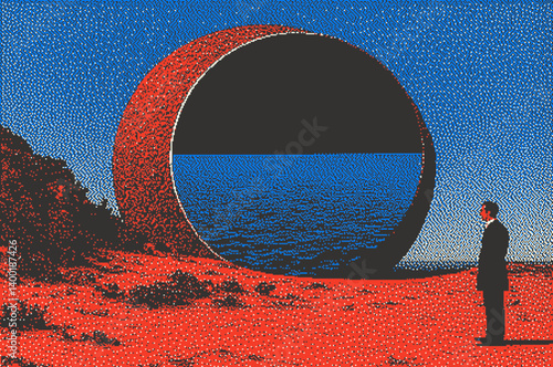 Surreal landscape featuring a figure gazing at a large circular portal above a vibrant ocean.