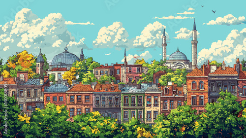 Charming cityscape with colorful buildings, domes, and minarets in a Middle Eastern or Mediterranean setting, surrounded by trees and a bright sky with fluffy clouds