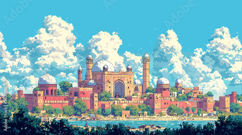 Colorful panoramic view of an ancient Middle Eastern palace or mosque with domes and minarets, set under a bright blue sky filled with dramatic clouds and lush surroundings