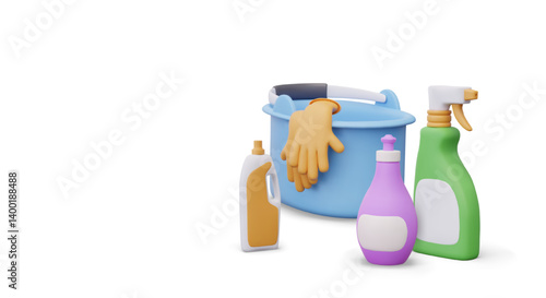 Vector cleaning concept in 3D cartoon style. Isolated group of elements on white background. Plastic bottles with blank labels, bucket with rubber gloves