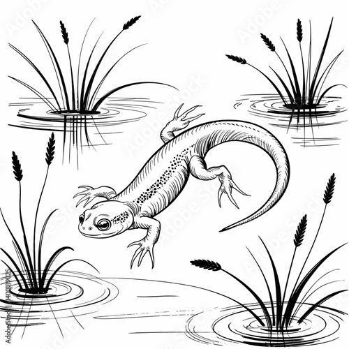 Elegant Ink Illustration of a Newt by a Pond