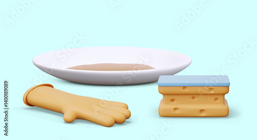 Dishwashing concept. Realistic dirty plate, rubber glove, kitchen sponge. Vector composition in cartoon style on colored background. Advertising layout