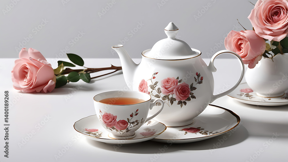 Fototapeta premium Bring charm to your vintage teacup time with delicate beauty rose motifs and classic porcelain on a spring energy concept.