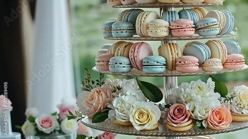 Wallpaper Mural Elegant display of colorful macarons and fresh flowers at a beautifully arranged dessert table Torontodigital.ca