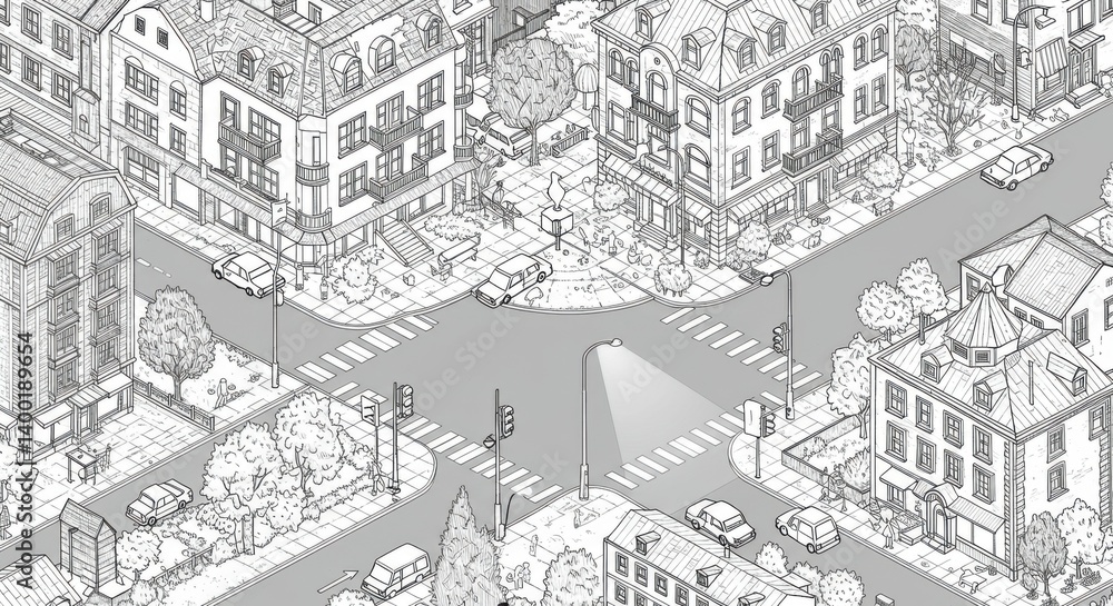 Detailed Isometric Line Art City Block with Roads, Cars, and Trees Detailed Isometric Line Art City Block with Roads, Cars, and Trees
