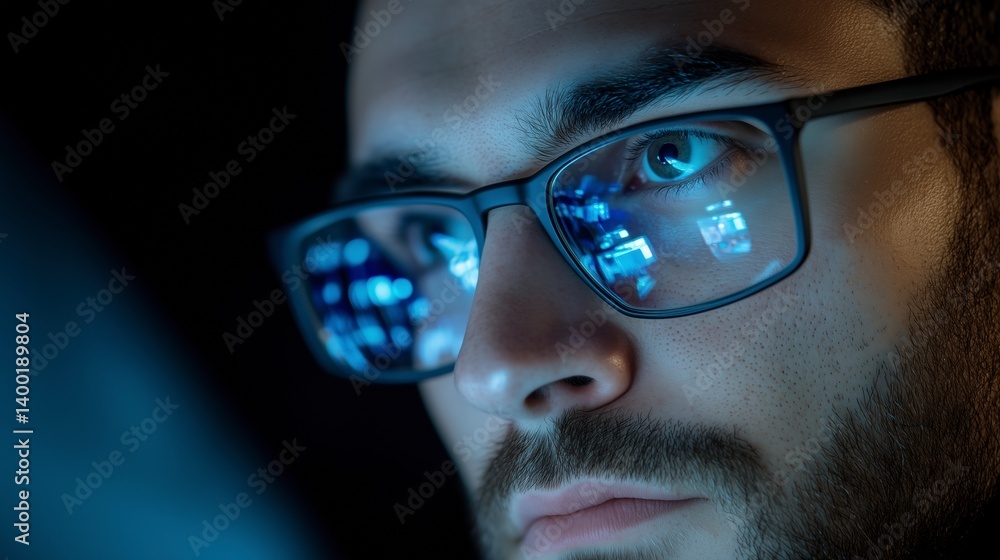 A man wearing glasses is looking at a computer screen